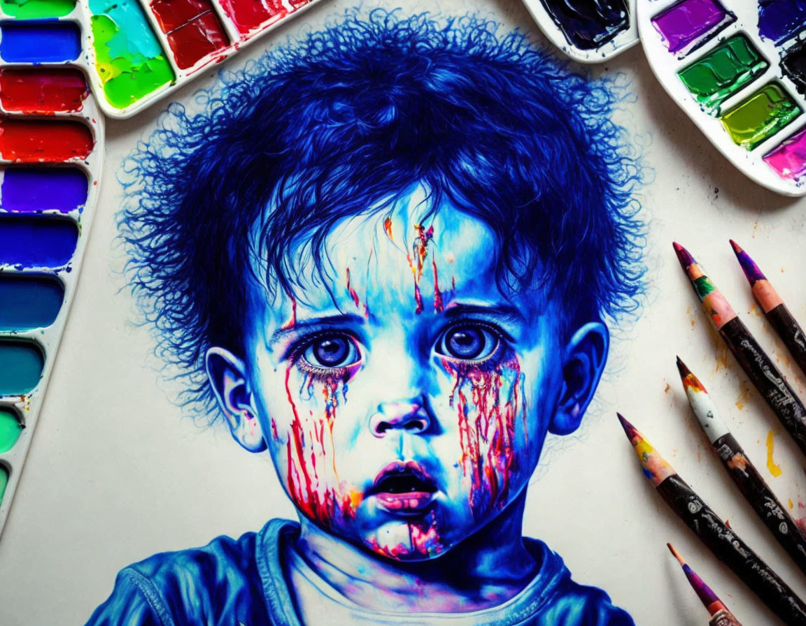 Surprised child covered in colorful paint with art supplies.