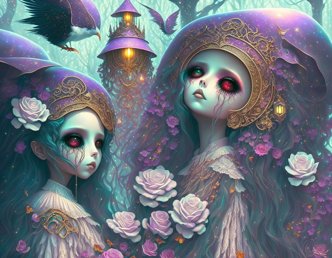 Fantastical female figures with oversized eyes in enchanted forest setting