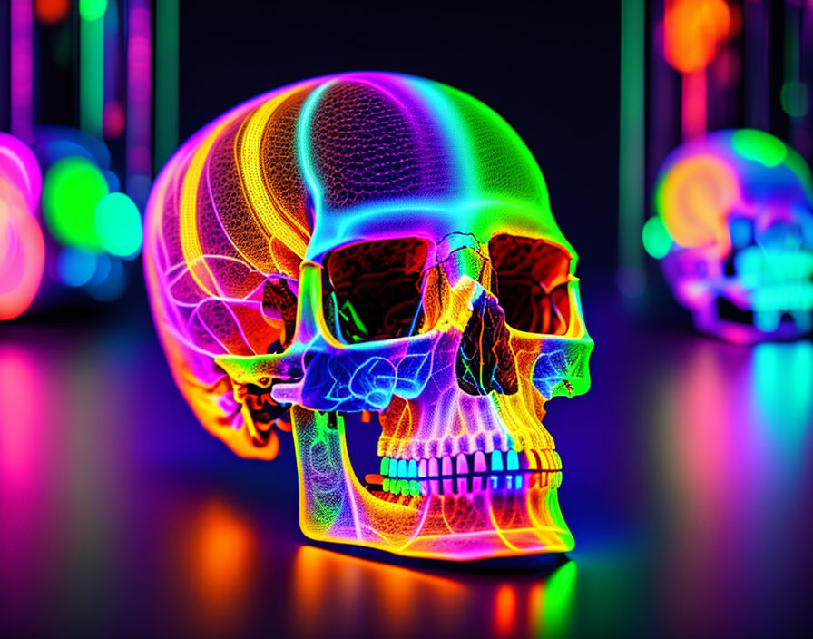 Vibrant neon-lit transparent skull on dark background