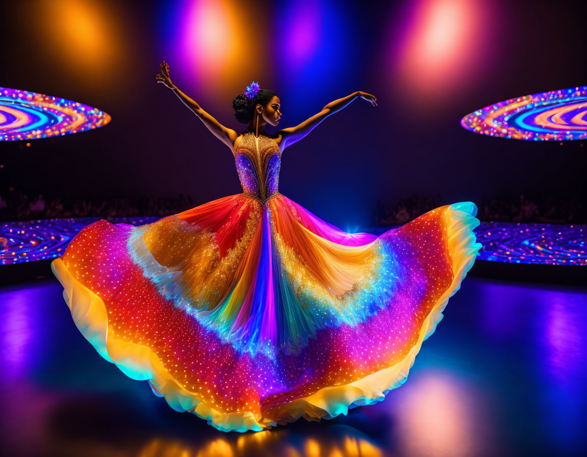 Vibrant dancer in flowing dress on stage with colorful lights