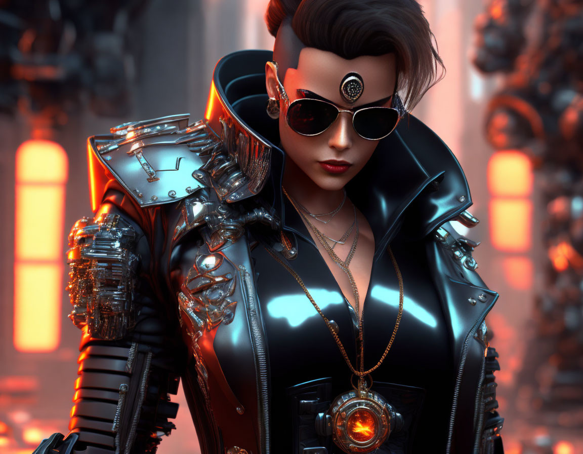 Futuristic woman with cybernetic enhancements in black armor and sunglasses