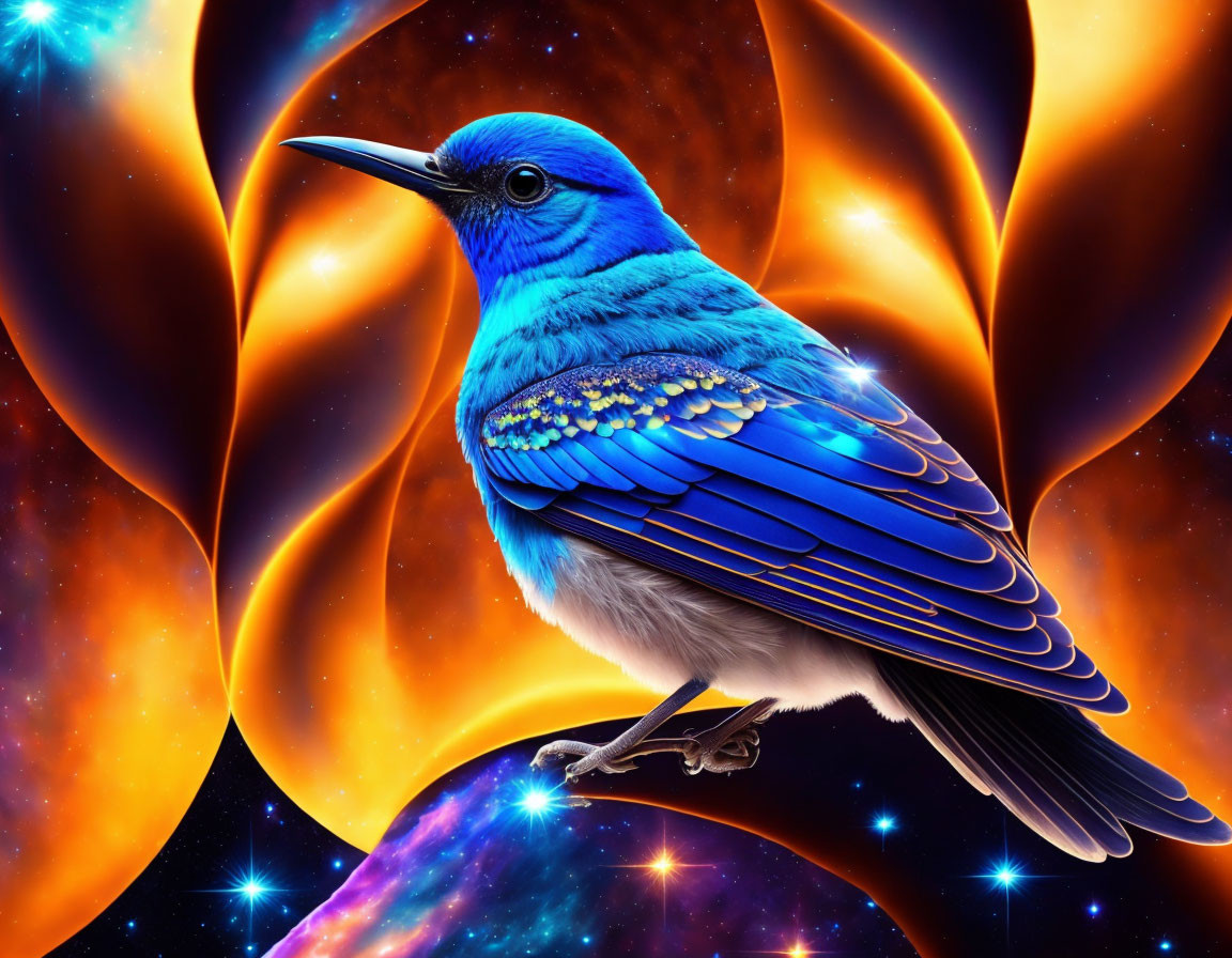 Colorful Blue Bird in Cosmic Space Scene with Stars