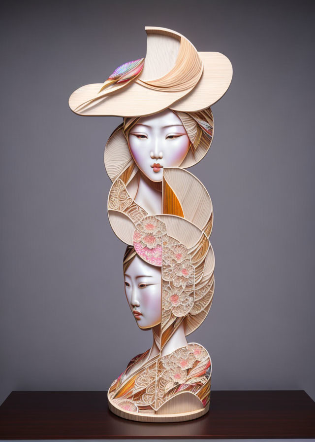 Sculptural artwork of serene female faces with intricate circular patterns.