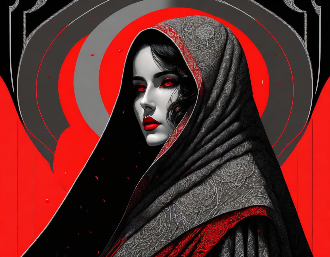 Illustrated portrait of woman with red eyes and lips in black headscarf on red and black background