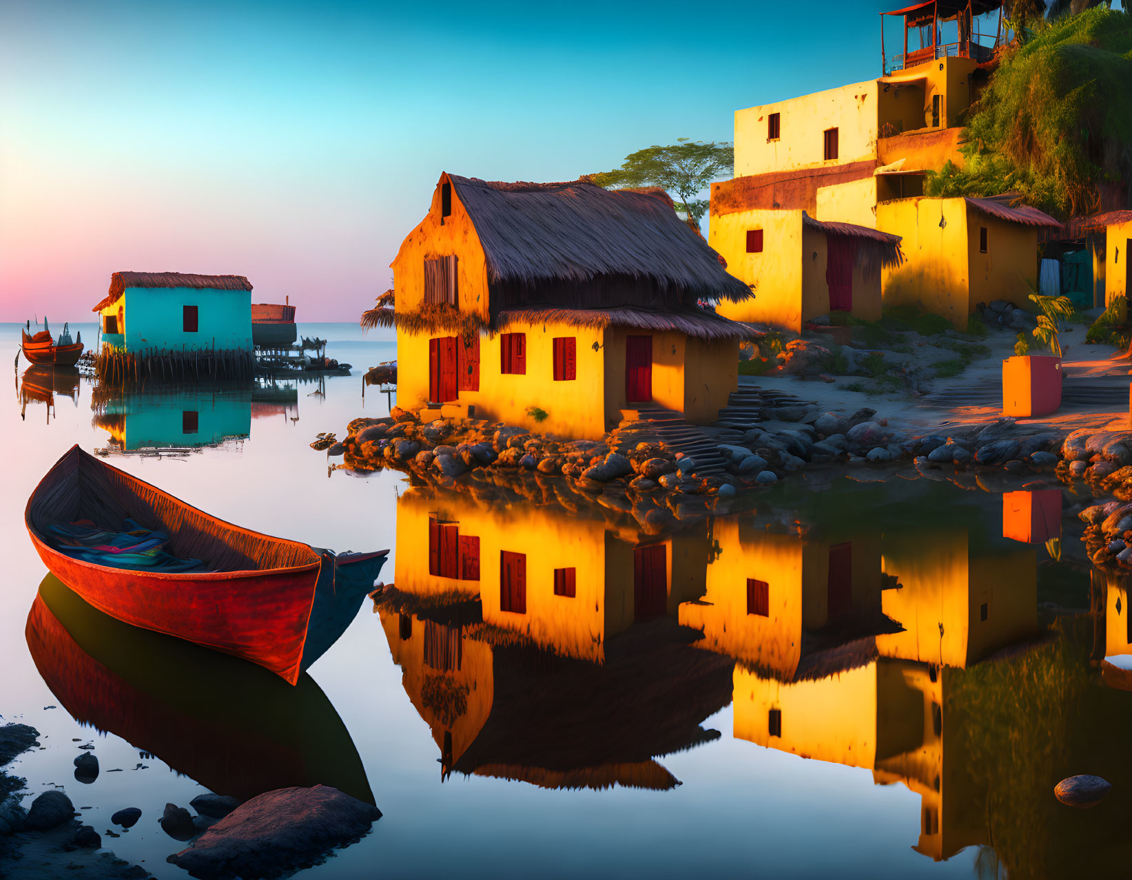 Tranquil Sunset Scene: Colorful Houses, Calm Lake, Canoe