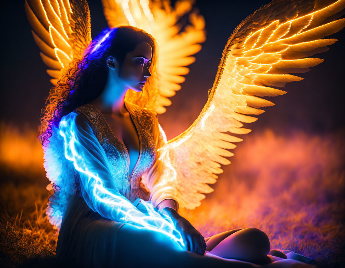 Illuminated wings in colorful neon fantasy setting