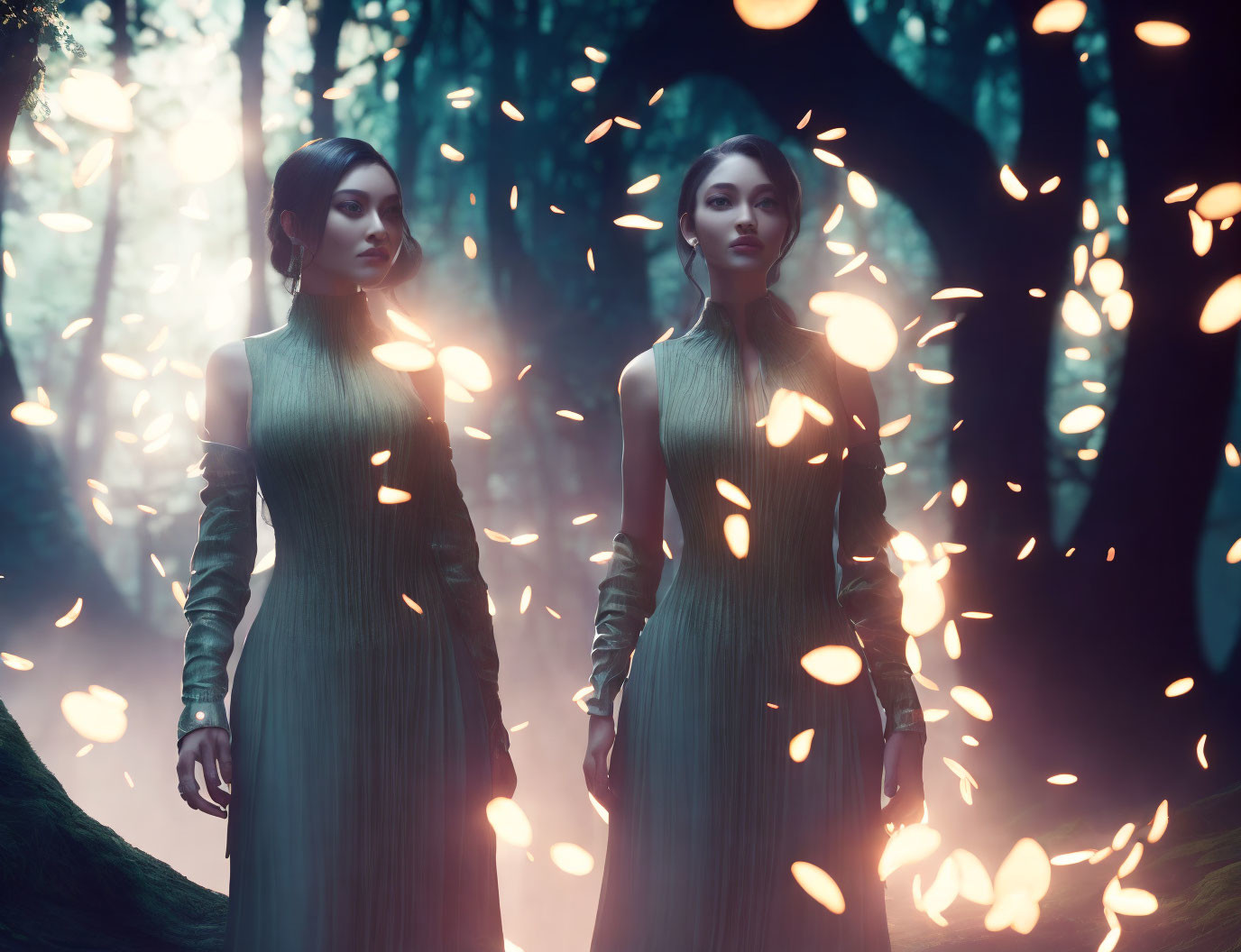 Ethereal forest scene with two women and glowing particles