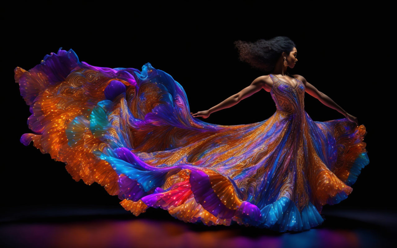 Woman in vibrant flowing dress with illuminated patterns spinning against dark background