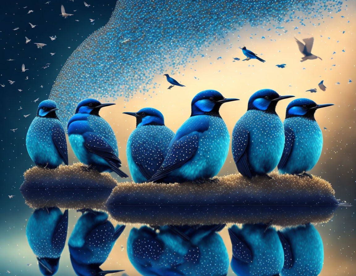 Seven vibrant blue birds on branch with reflection: surreal, magical scene