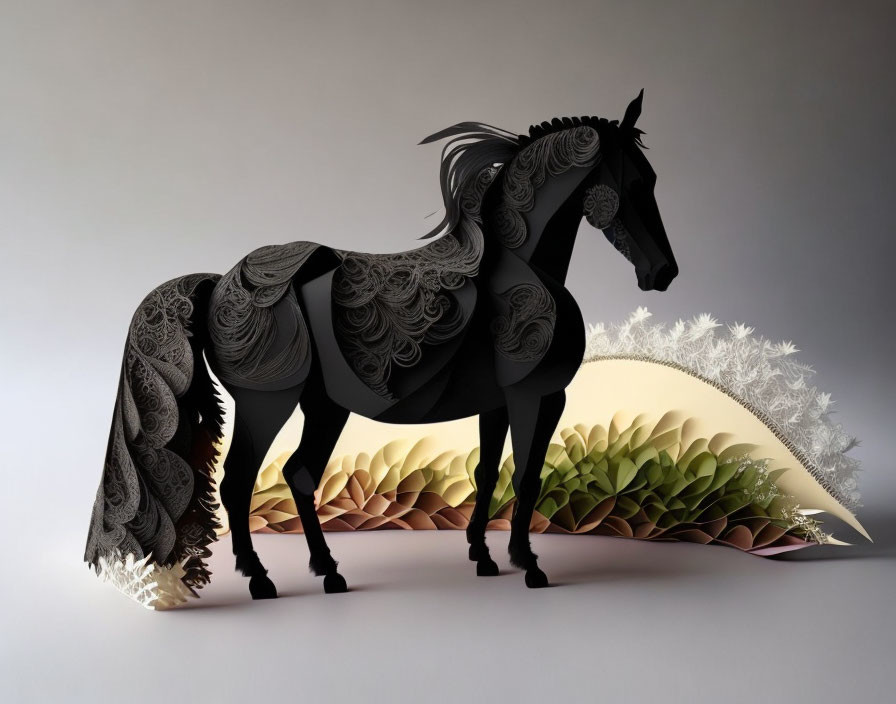 Intricate Black and White Paper Horse Sculpture with Foliage Backdrop