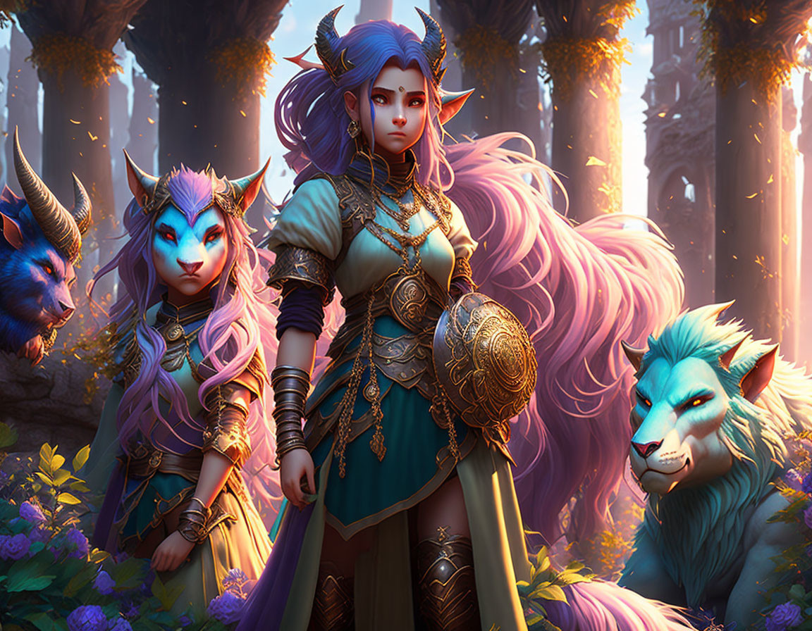 Fantasy characters with feline features in enchanted forest with armor, horns, and staff.