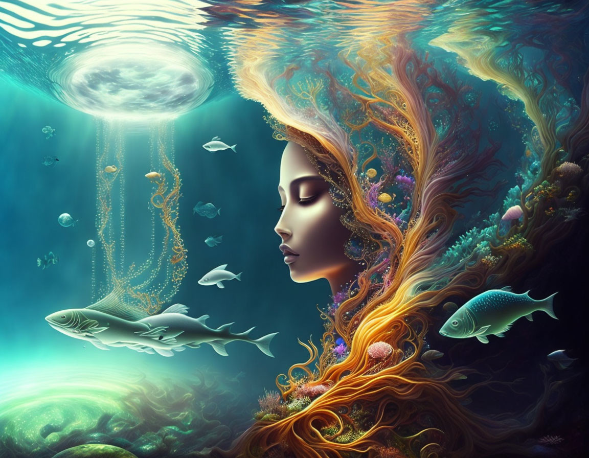 Ethereal underwater scene: serene woman's face, vibrant marine life, coral, flowing hair.