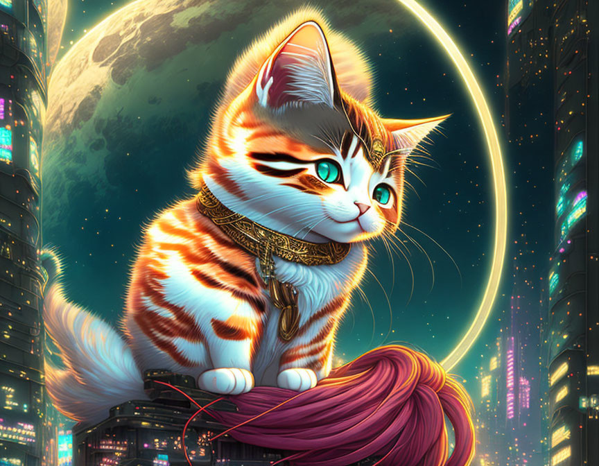 Giant tabby kitten in neon-lit futuristic cityscape