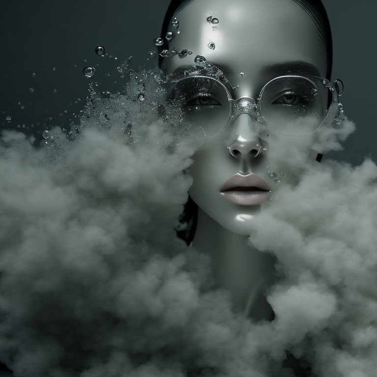 Futuristic glasses on woman's face in misty, serene monochrome scene