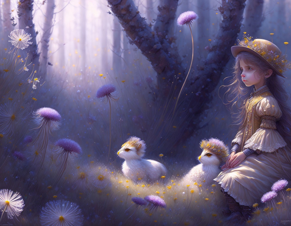 Young girl in vintage dress surrounded by fluffy chick-like creatures in purple forest