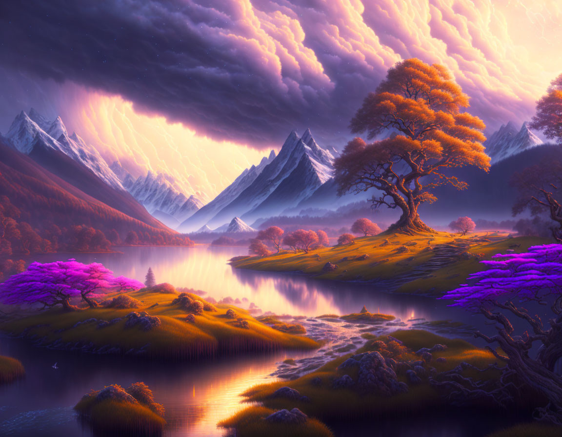 Majestic golden tree in vibrant landscape with electric purple flora