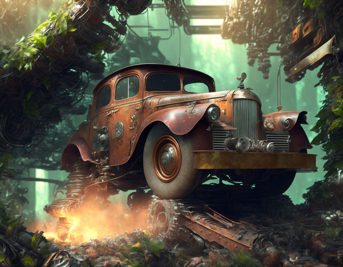 Vintage car in futuristic, overgrown junkyard with mechanical tendrils