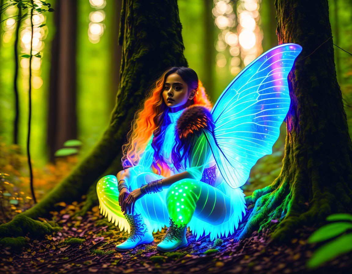 Fantasy-like figure with butterfly wings in neon-lit forest