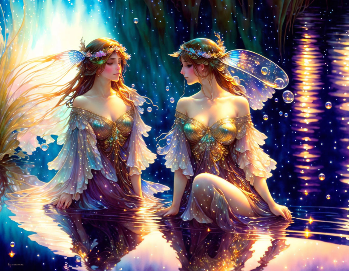 Ethereal female figures with glowing wings in mystical forest