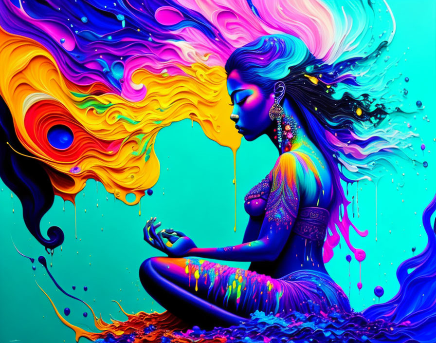 Vibrant woman meditating with liquid streams on teal background