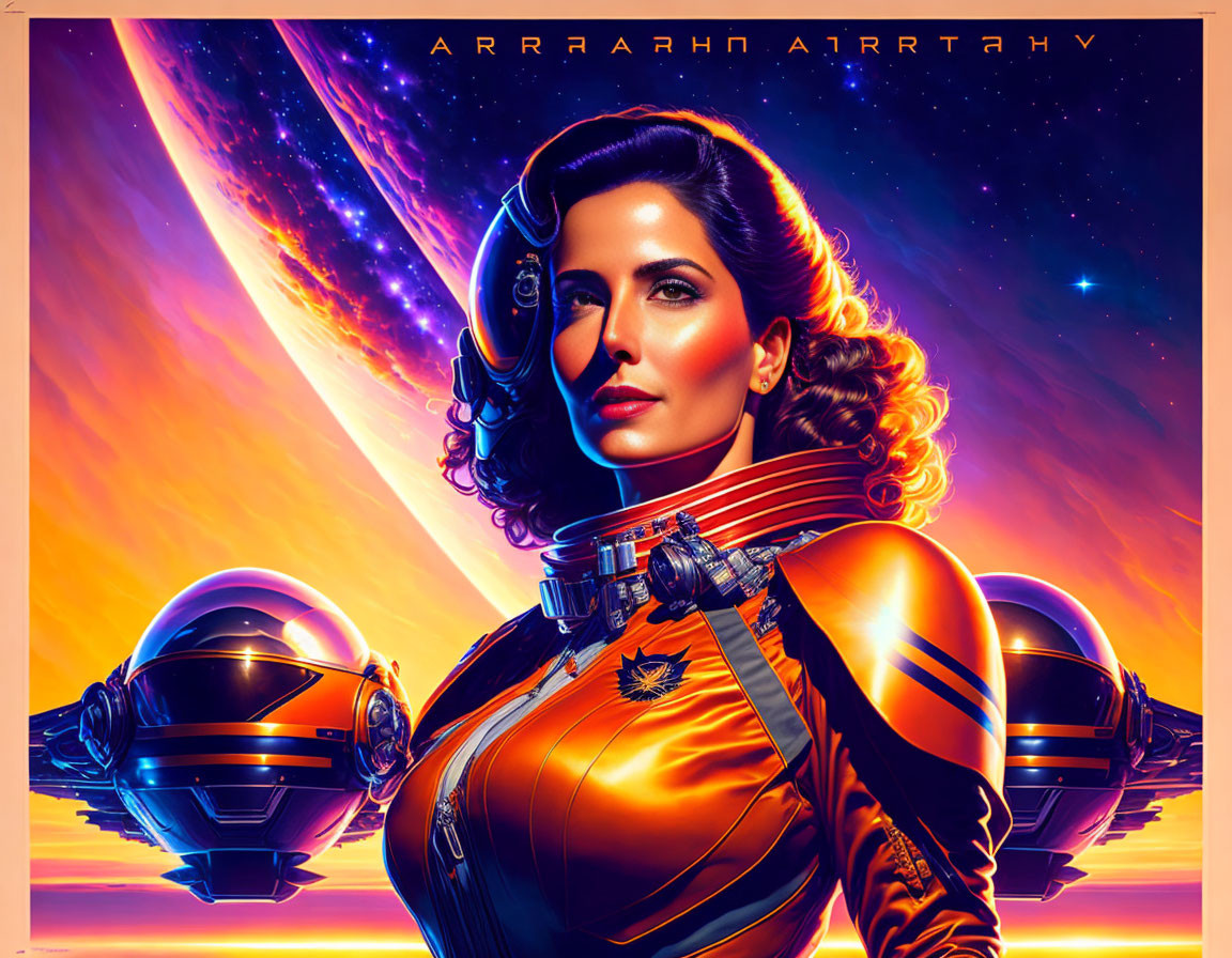 Illustration of woman in orange space suit with cosmic background