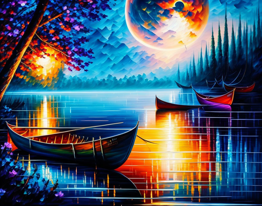 Colorful boats on reflective lake under luminous night sky with moon, surrounded by stylized trees.