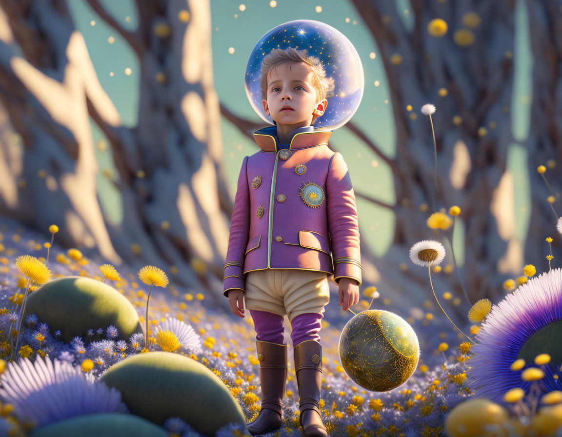 Child in vintage space suit among colorful alien flora under starry sky