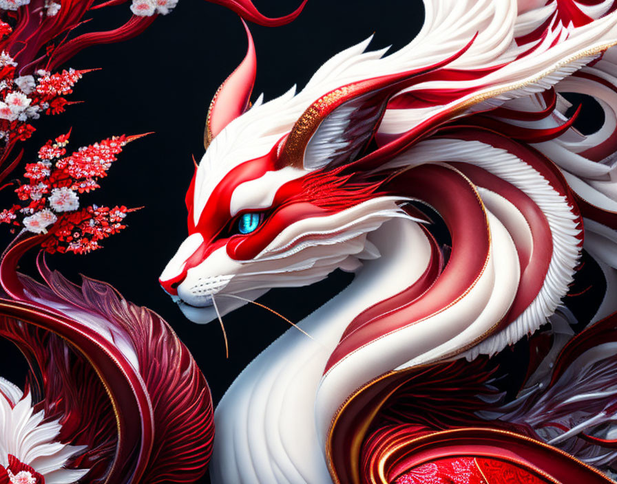 Intricate White and Red Dragon with Blue Eyes Among Red Flowers