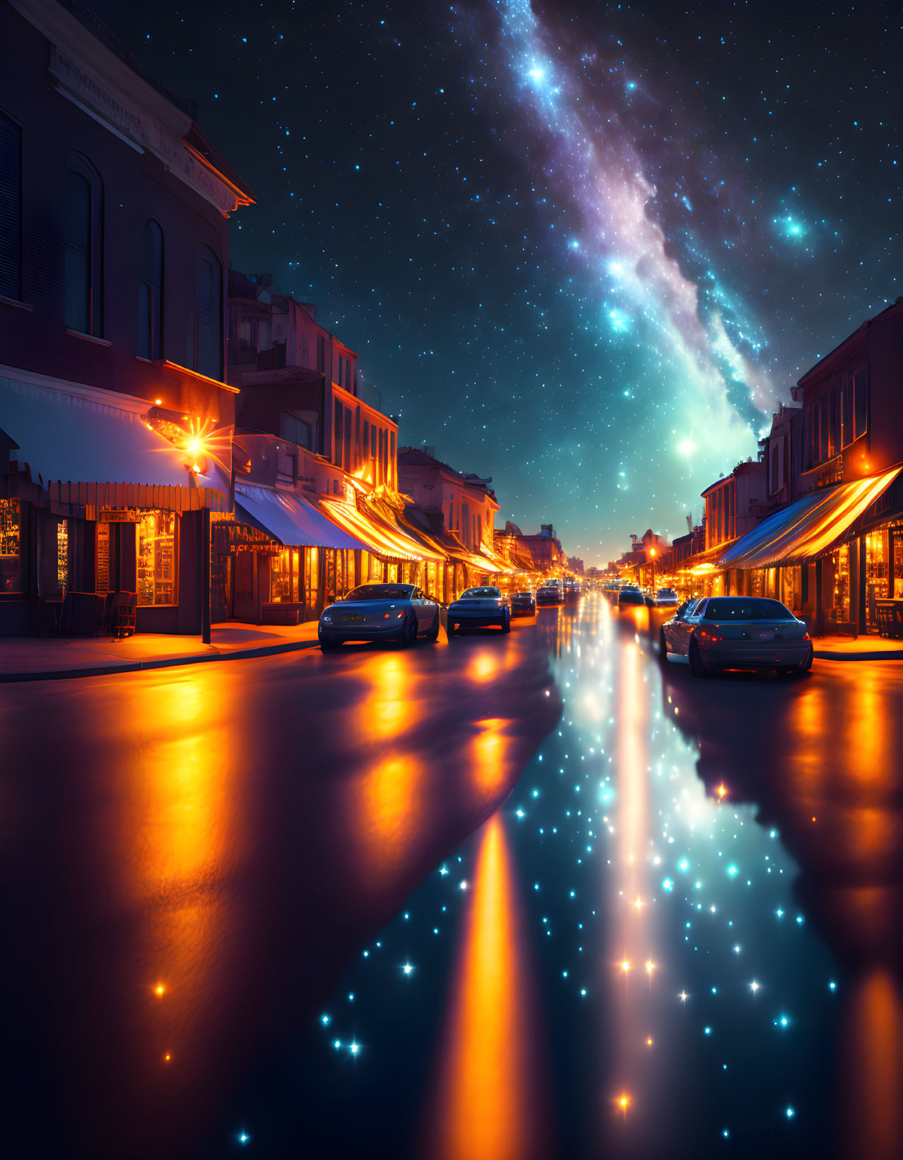 Night street scene with illuminated buildings under starry sky.