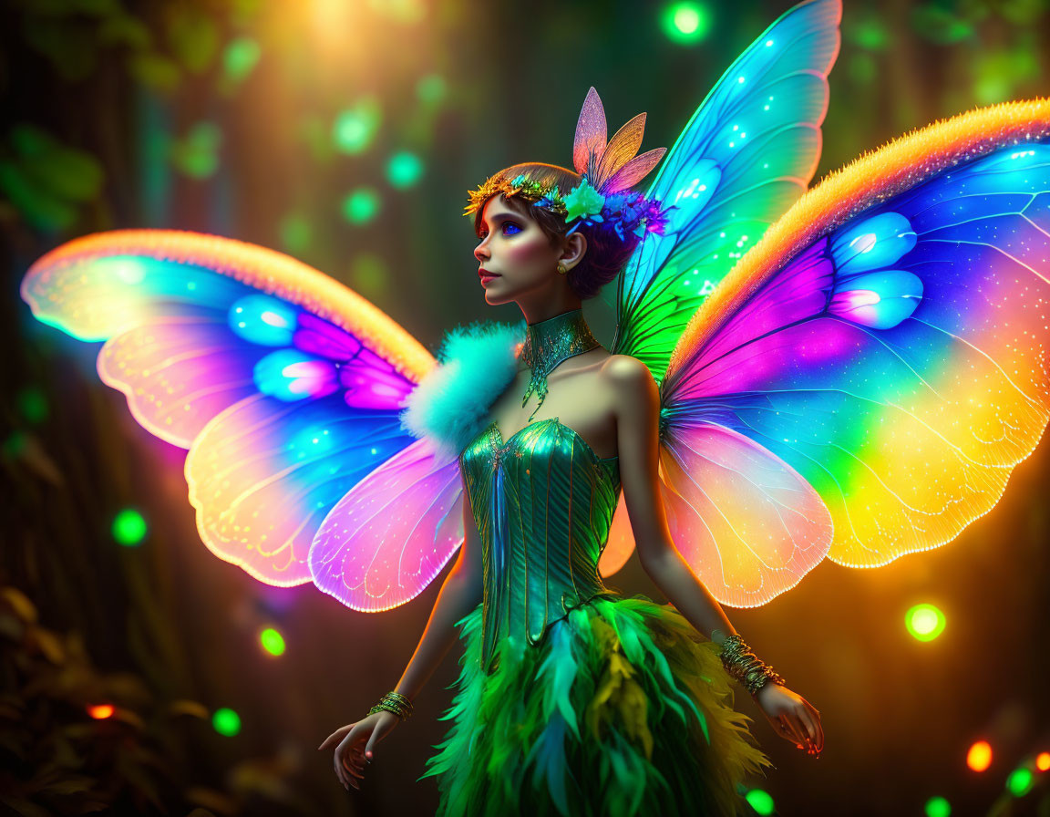 Colorful fairy with butterfly wings in mystical forest