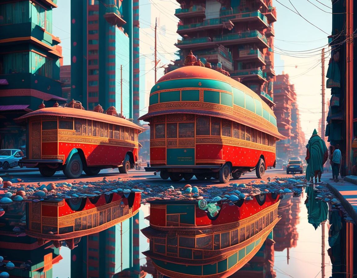 Futuristic cityscape with retro buses, reflections in water, towering buildings, hazy sky