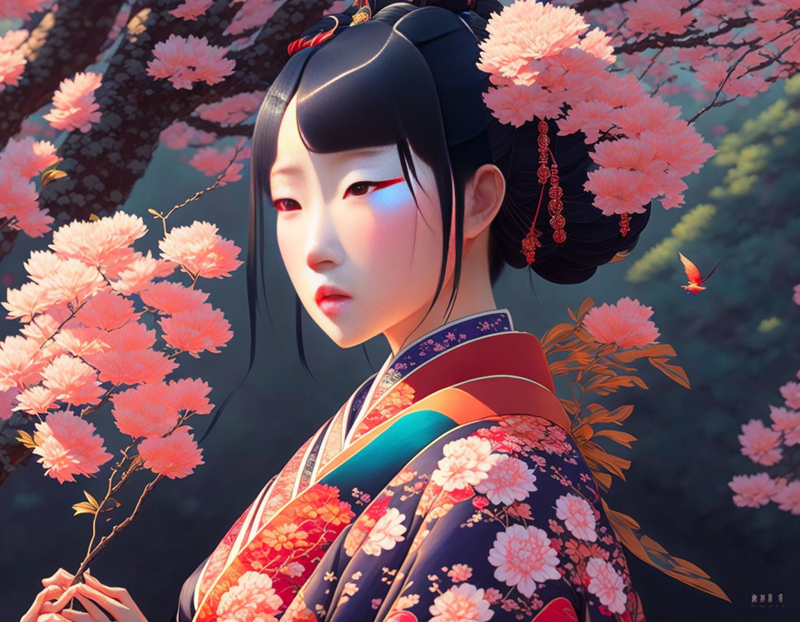 Digital illustration: Woman in Japanese attire with cherry blossoms and butterfly