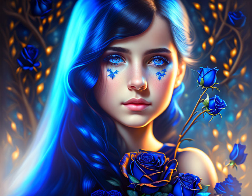 Digital portrait of a girl with blue hair and eyes, surrounded by glowing roses