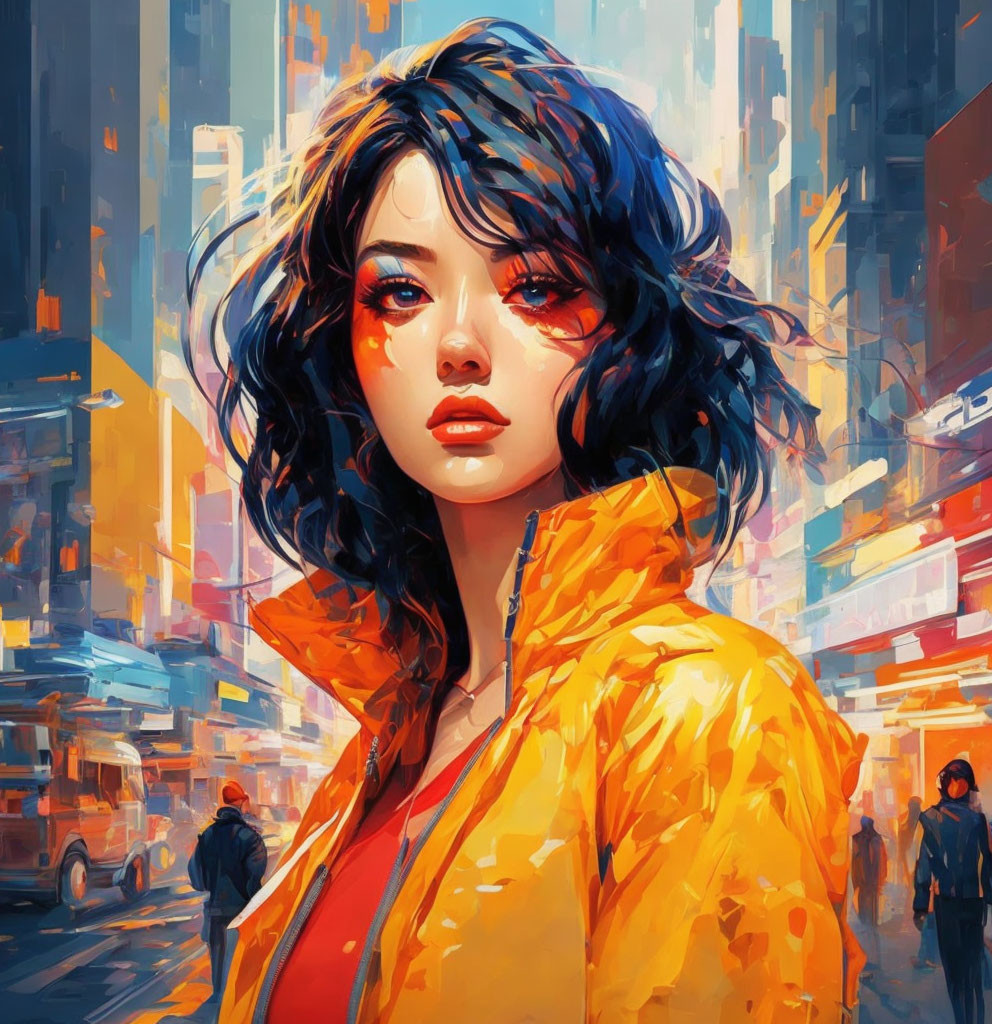 Dark-haired woman in yellow jacket against vibrant cityscape