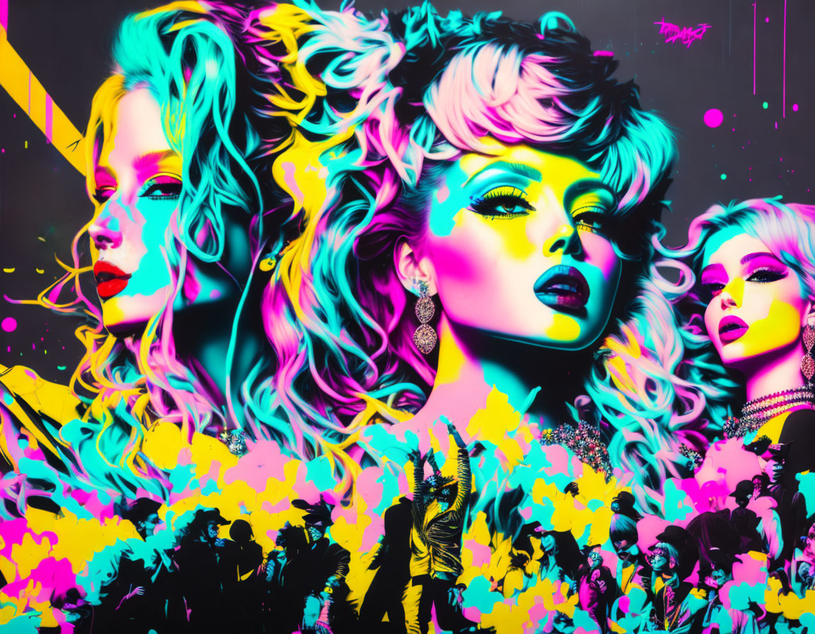 Colorful digital artwork featuring three stylized women with cyan and yellow neon accents on a black splattered