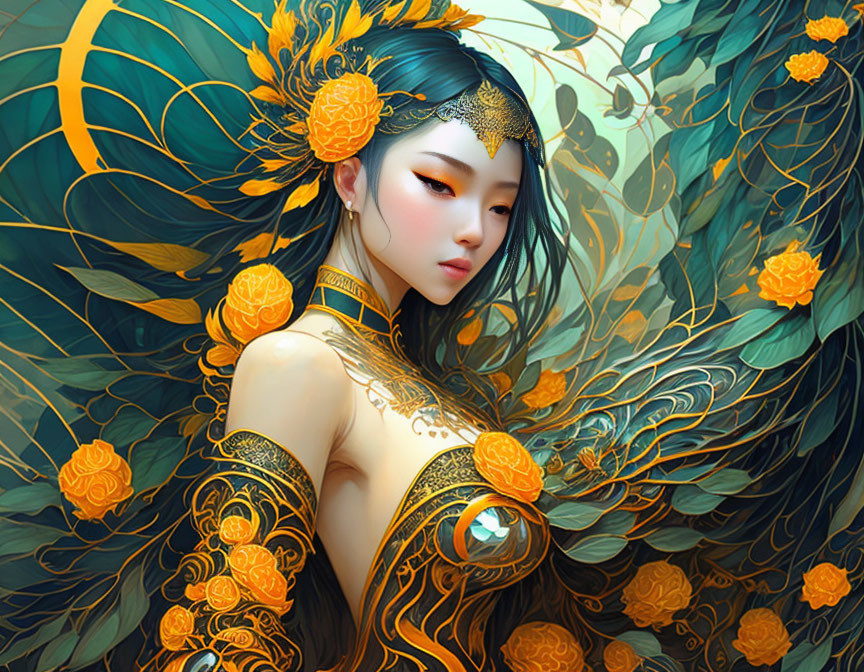 Intricate golden tattoos on woman with headdress, peacock feathers, orange flowers