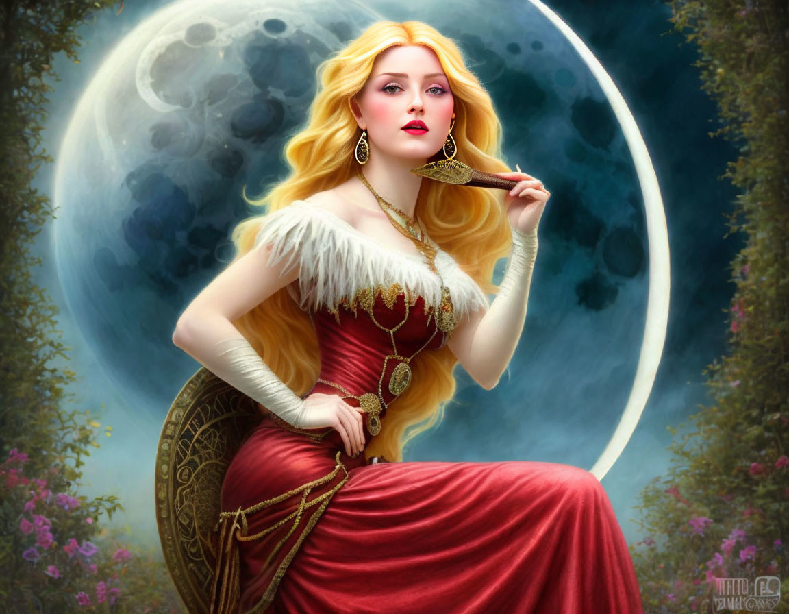 Fantasy illustration: Blonde woman in red gown with golden bird, moon & forest.