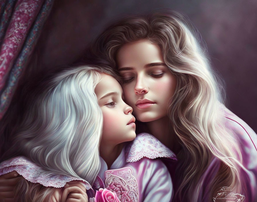 Young girl embracing woman with flowing hair in serene moment