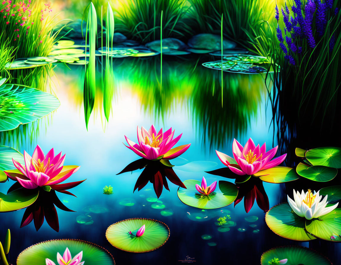 Digital Art: Pink and White Lotus Flowers on Tranquil Pond