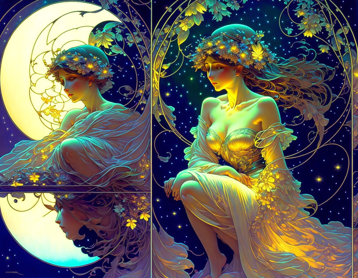 Colorful Artwork: Ethereal Women, Moon, Stars, Floral Crowns