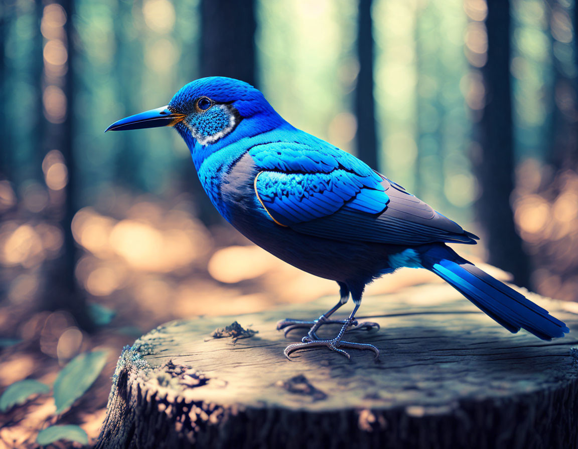 Blue bird perched on tree stump in forest setting