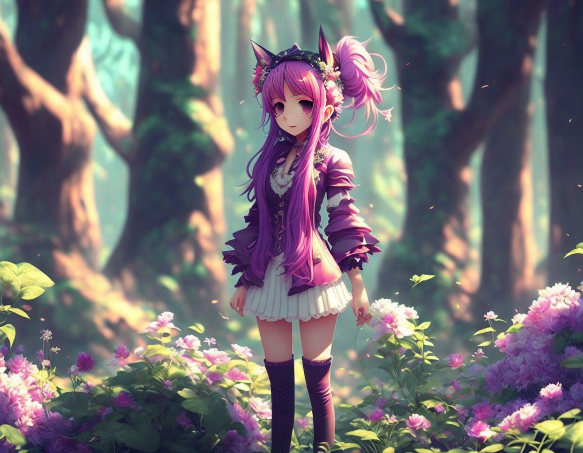 Stylized anime girl with pink hair and cat ears in dreamy forest