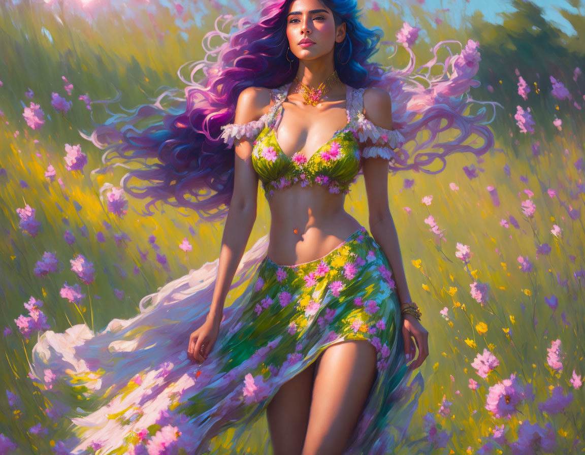 Vibrant meadow scene: Woman with long purple hair under soft sunlight