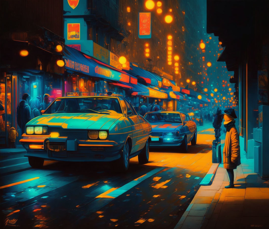 Vibrant neon-lit street with classic cars and person walking at night