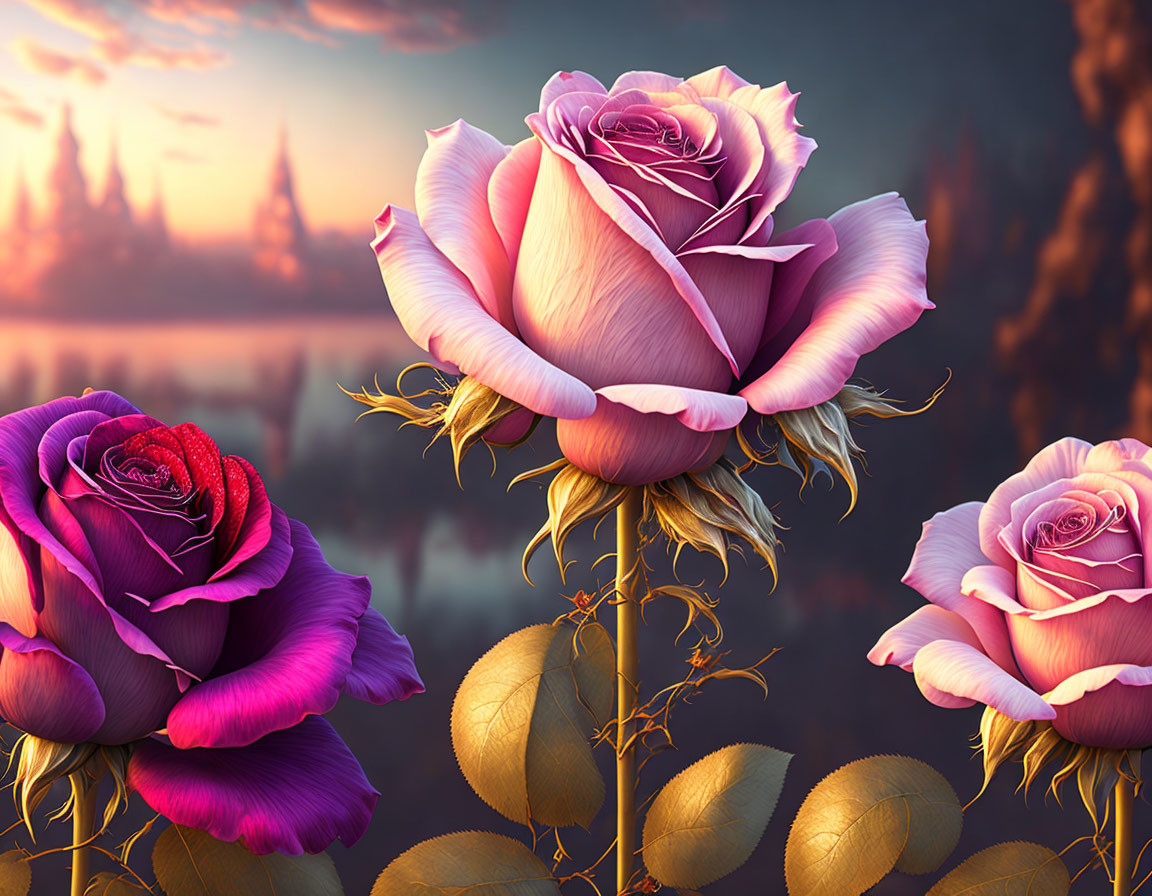 Colorful roses with purple and pink petals, golden stems, and castle silhouettes under a dramatic