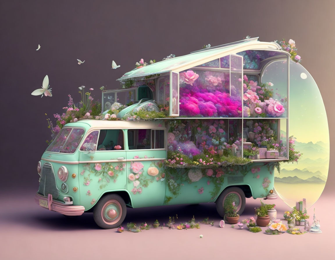 Illustration of retro turquoise VW bus as mobile greenhouse with lush flowers under gradient sky