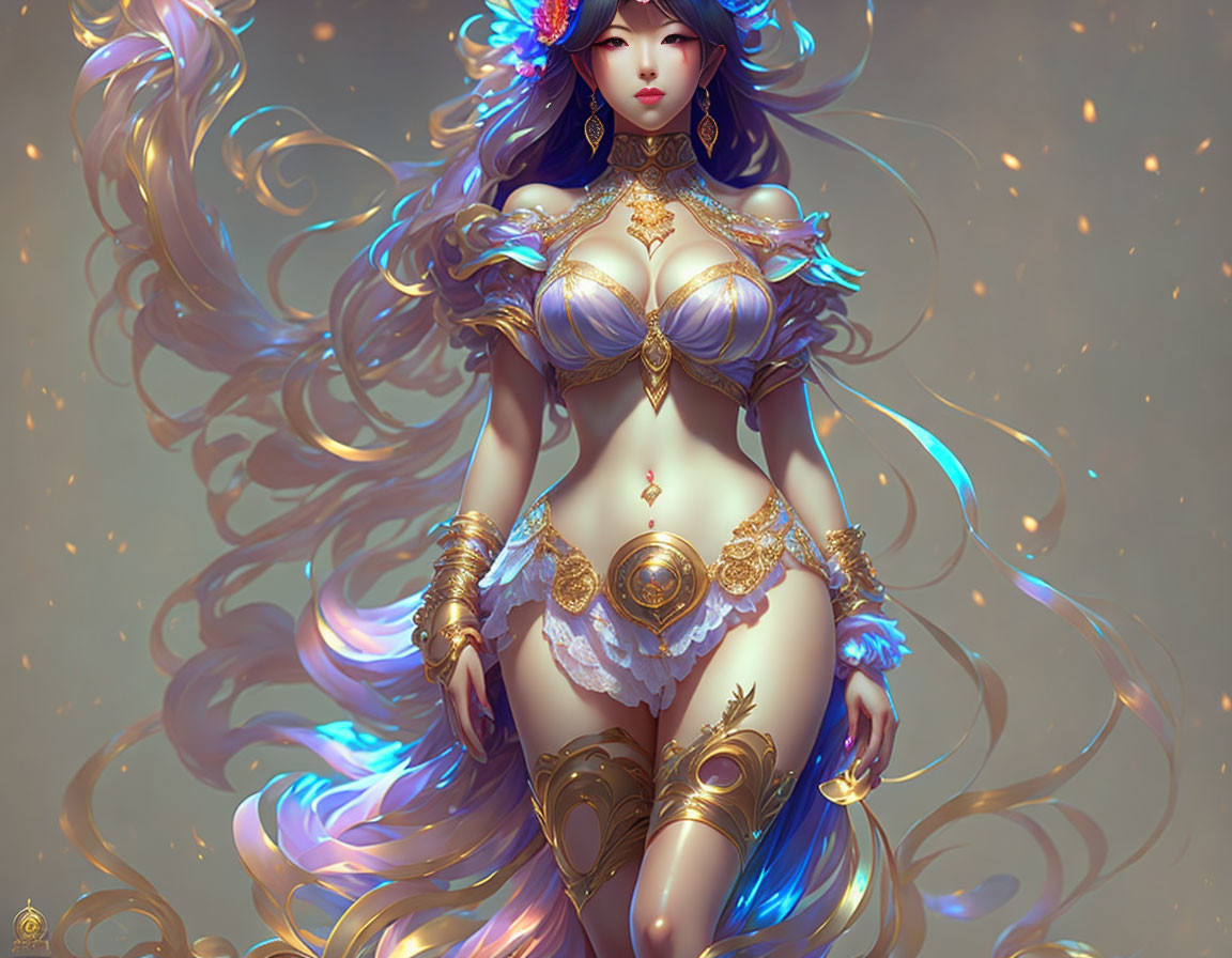 Fantasy female figure in blue hair and golden armor on soft background