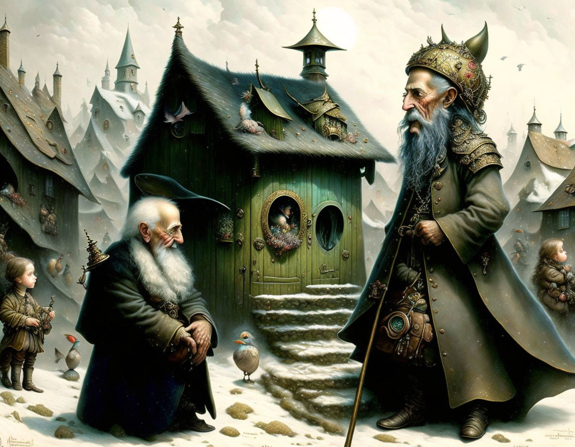 Whimsical fantasy art: regal figures, children, snow-covered village