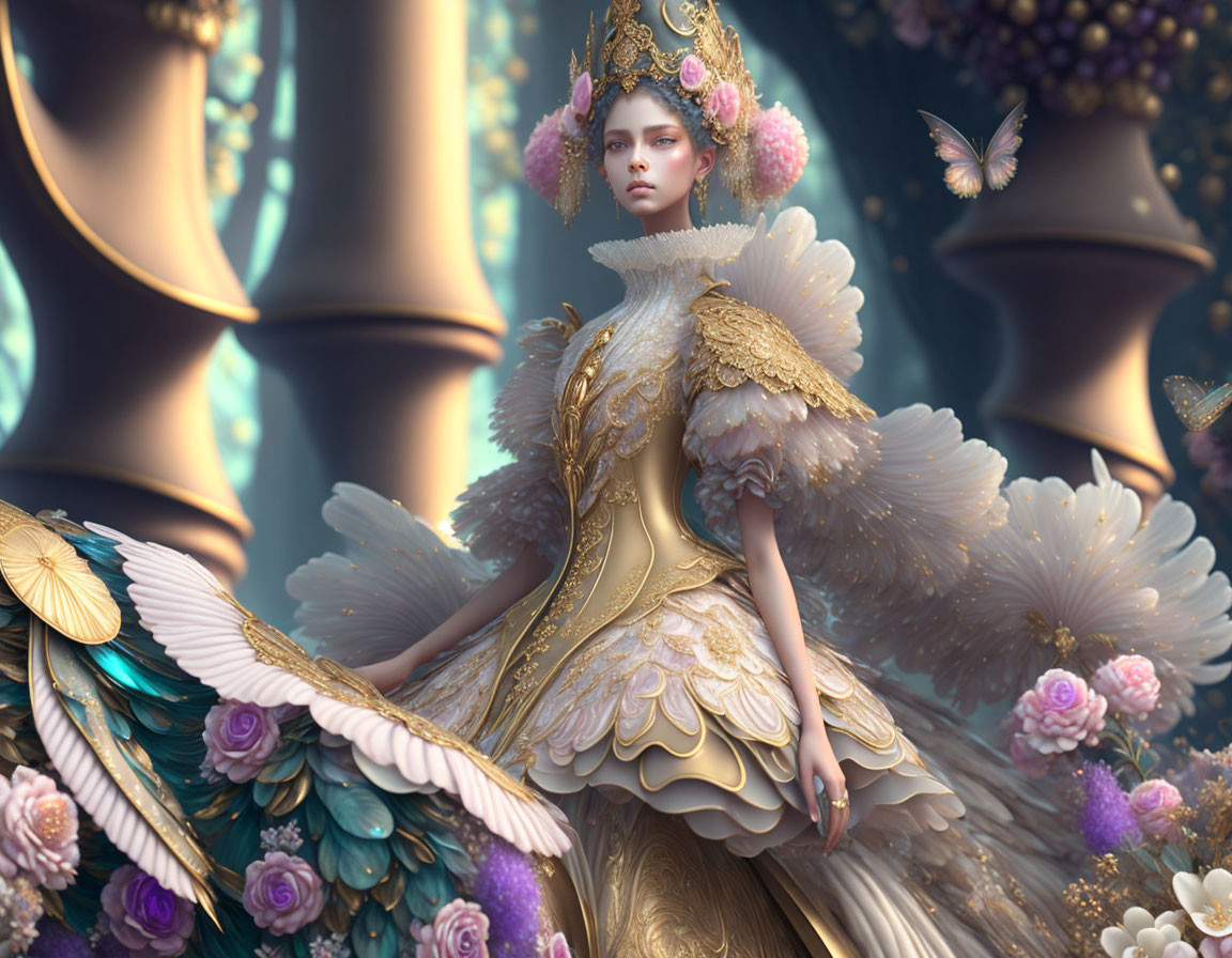 Regal figure in golden gown with feather and floral details among butterflies and blossoms