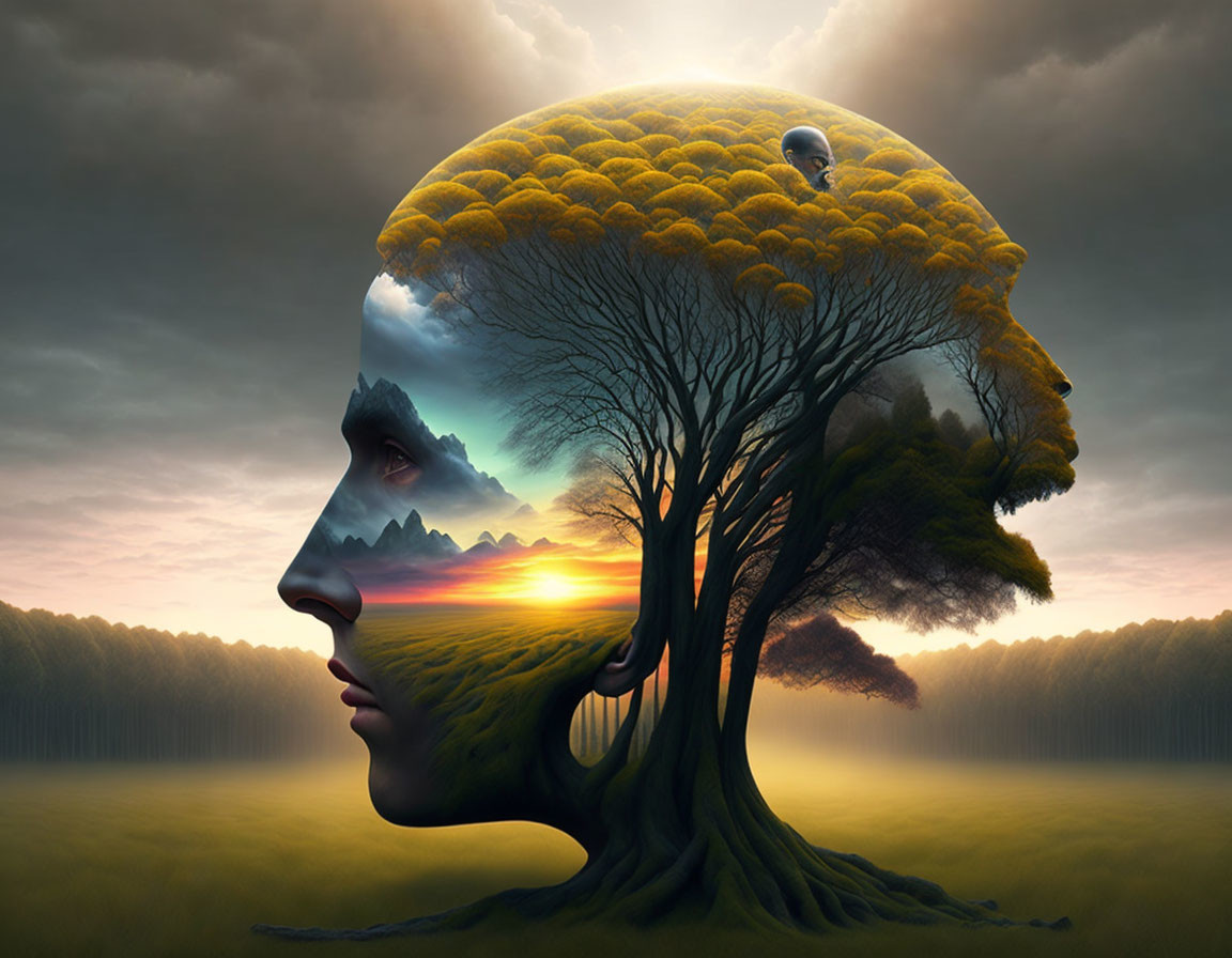 Surreal human head merged with tree in misty landscape